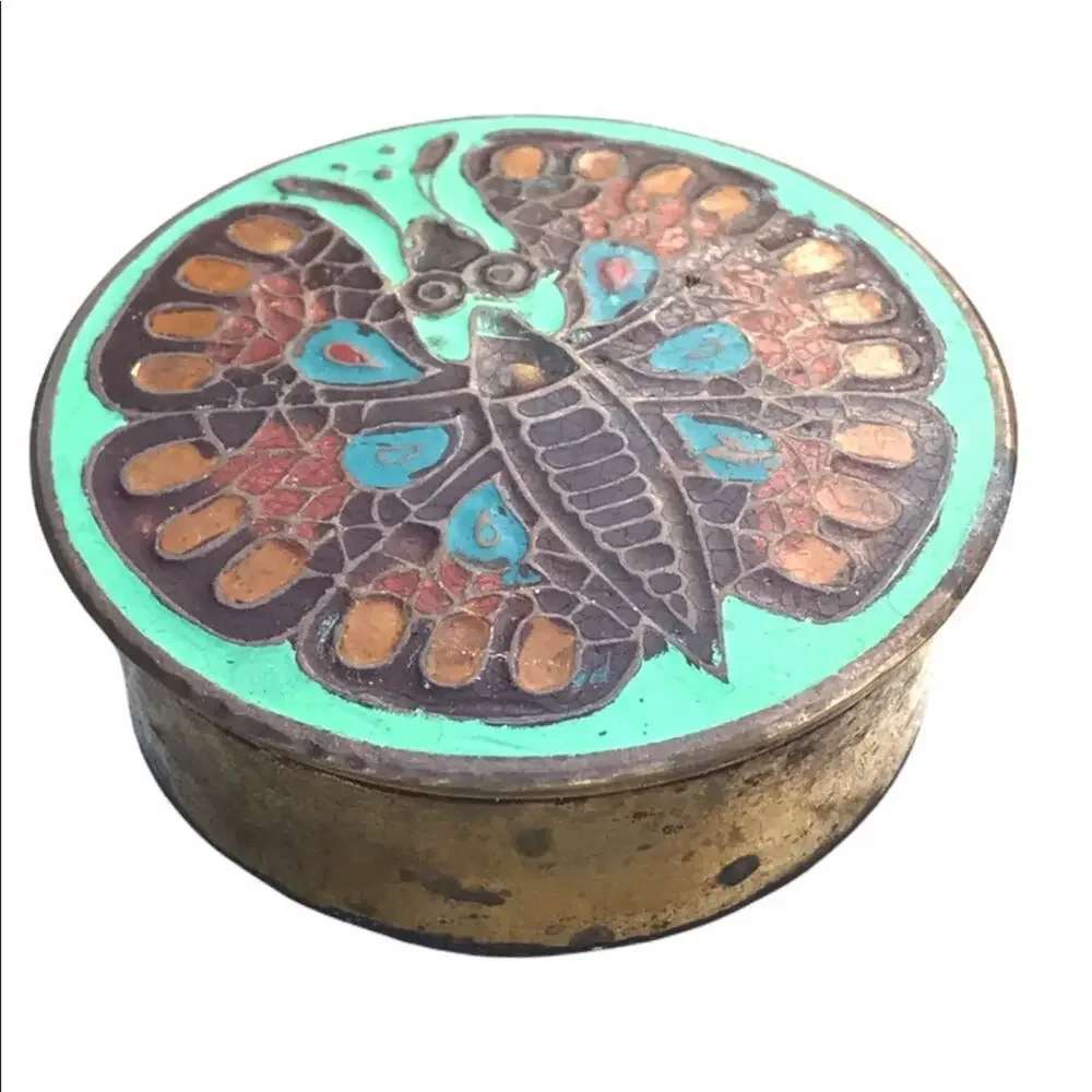 Vintage Brass Ring Box with Moth or Butterfly in Orange and Mint Green Enamel